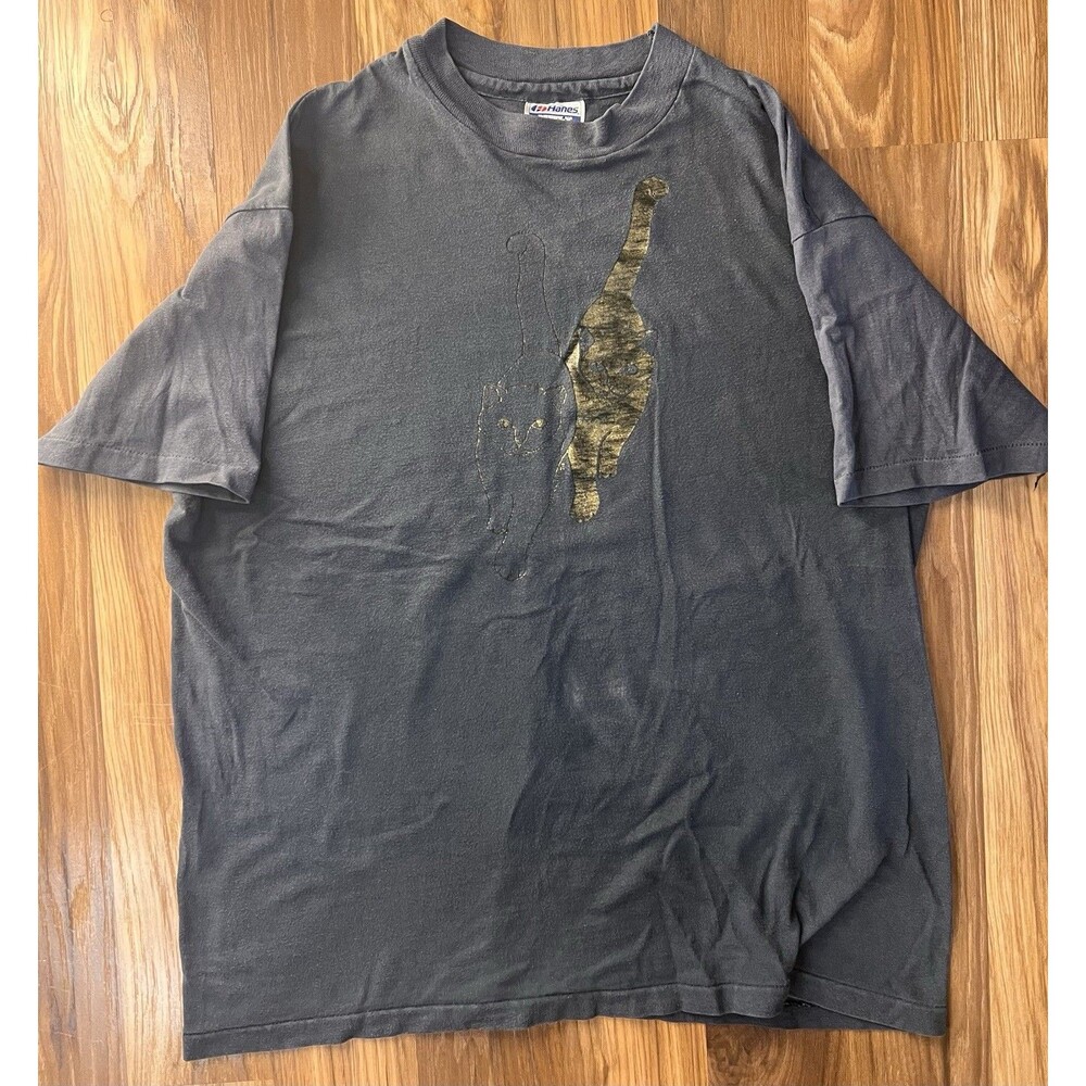 90s Gold foil Cat Graphic T-Shirt Hanes Beefy Made In USA Large Single Stitch